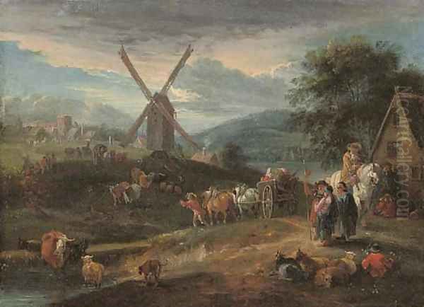 A river landscape with figures and cattle on a track, a windmill and village beyond Oil Painting by Theobald Michau