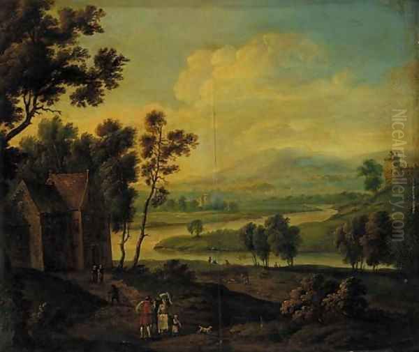 A river landscape with peasants meeting on a track near a cottage Oil Painting by Theobald Michau