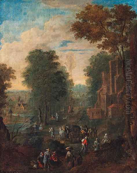 A wooded river landscape with travellers on a road by a ruined castle Oil Painting by Theobald Michau