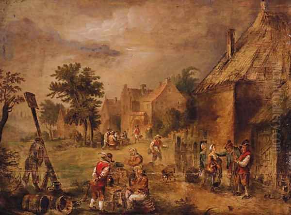 Peasants outside an inn in a village Oil Painting by Theobald Michau