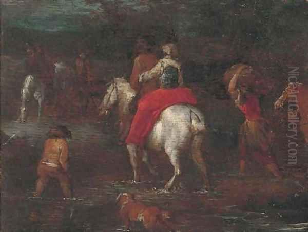 Travellers fording a river a fragment Oil Painting by Theobald Michau