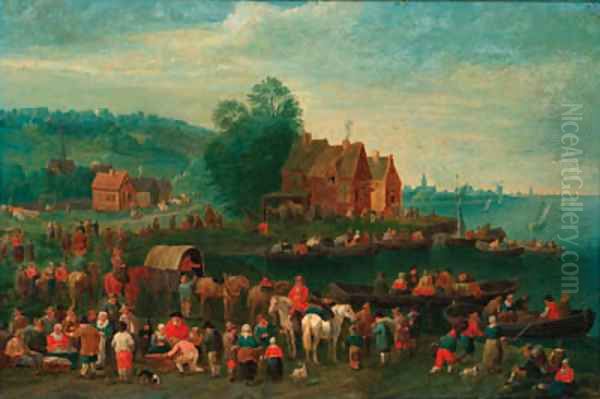 A river landscape with townsfolk waiting to alight boats, a town beyond Oil Painting by Theobald Michau