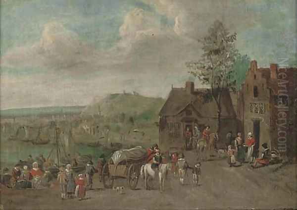 A river landscape with travellers by an inn Oil Painting by Theobald Michau