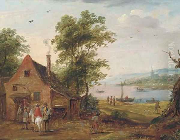 A river landscape with travellers halted at an inn Oil Painting by Theobald Michau