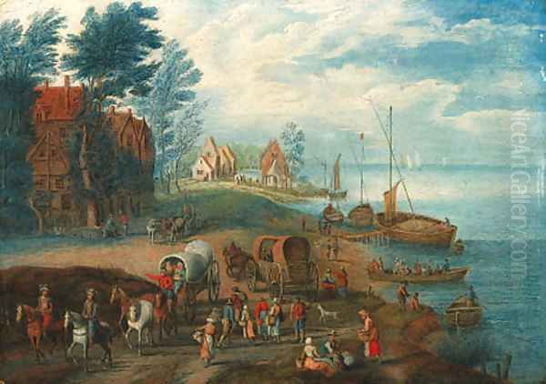 A river landscape with travellers on a path and peasants boating Oil Painting by Theobald Michau