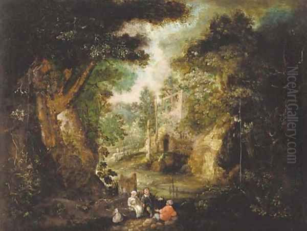 A wooded landscape with peasants resting on a track by a stream, a bridge beyond Oil Painting by Theobald Michau