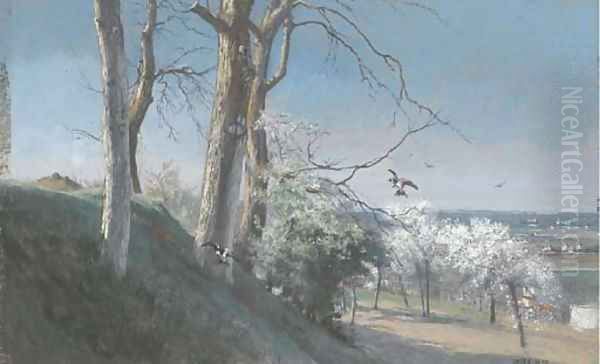 A landscape with cherry trees and swallows Oil Painting by Alfred-Emile Mery