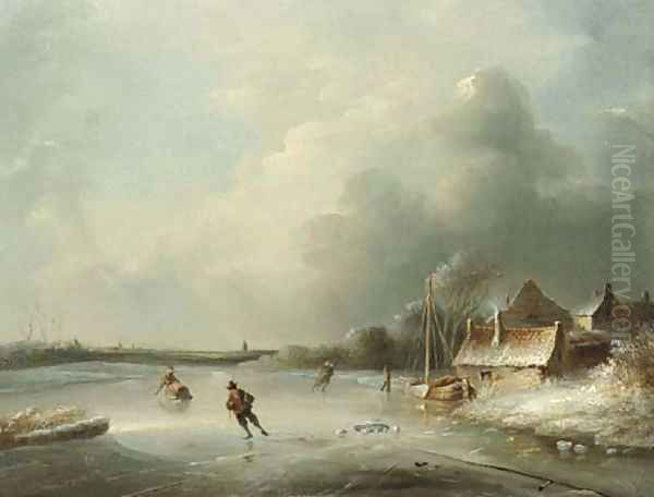 A frozen waterway with figures skating Oil Painting by Anthony Andreas De Meijier