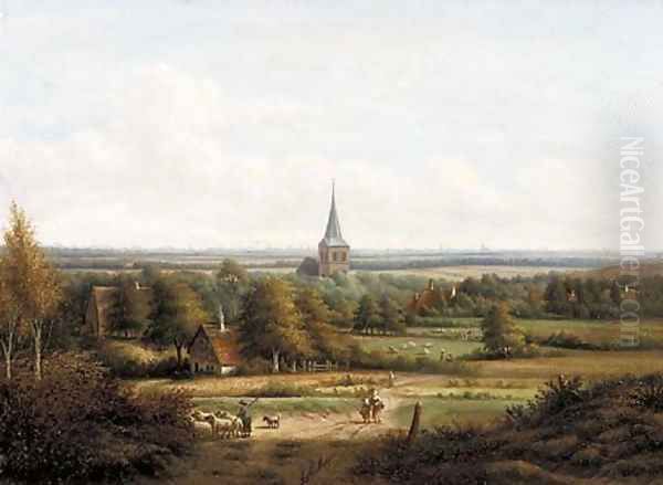 A panoramic view of a valley with a village in the foreground Oil Painting by Anthony Andreas De Meijier