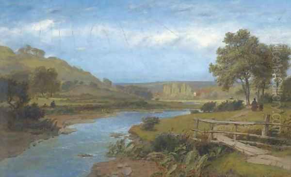 The walk home by the river; and Angling on the river Oil Painting by Charles Marshall