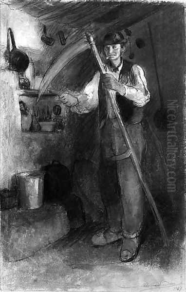 An old peasant in a interior, sharpening his scythe Oil Painting by Charles Milcendeau