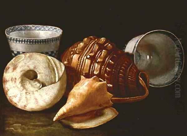 Three shells and two ceramic bowls Oil Painting by Cristoforo Munari