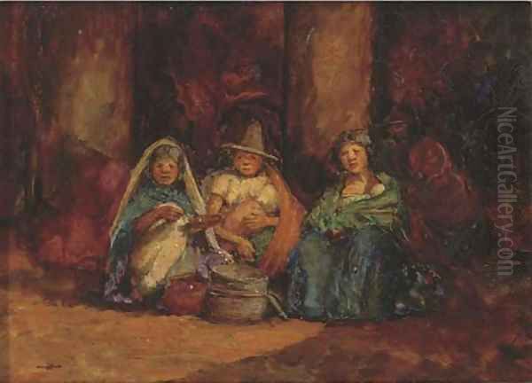 Indian Women Selling in a Market Place, Mexico Oil Painting by Mortimer Luddington Mempes