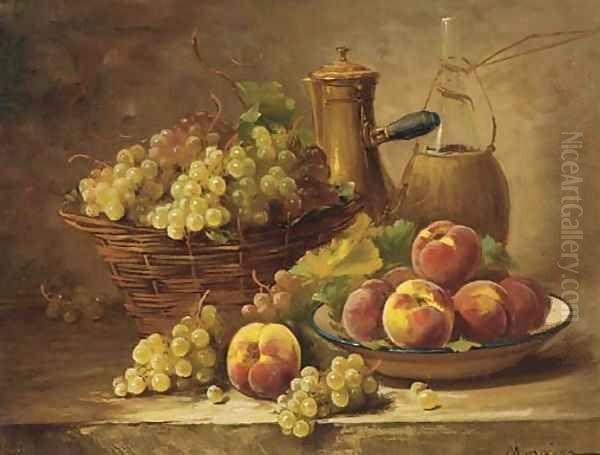 Grapes in a basket with a dish of peaches Oil Painting by Pierre Morain