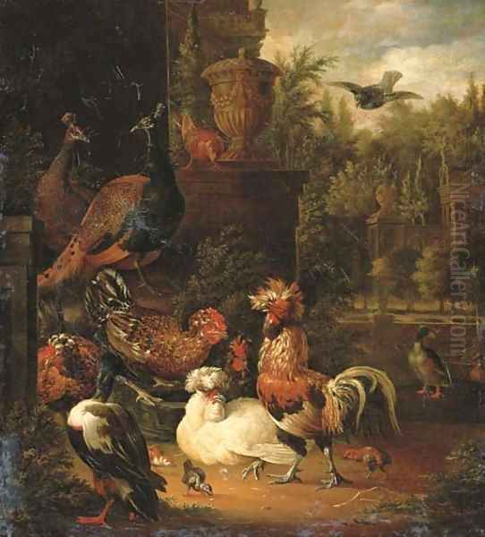 A rooster with hens, chicks, ducks, peacocks and pigeons Oil Painting by Pieter Van Mase