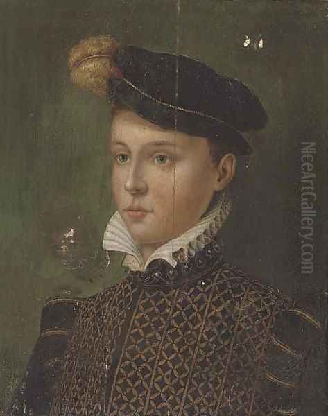 Portrait of a boy, half-length, in a black plumed cap and a gold embroidered black doublet Oil Painting by Antonis Mor