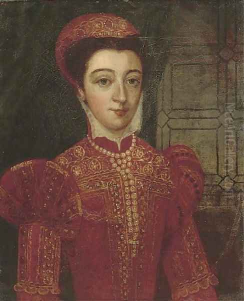 Portrait of a lady, half-length, in a red embroidered doublet and pearls Oil Painting by Antonis Mor