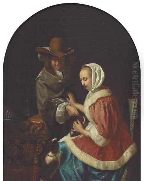 'Teasing the Pet' Oil Painting by Frans Van The Elder Mieris