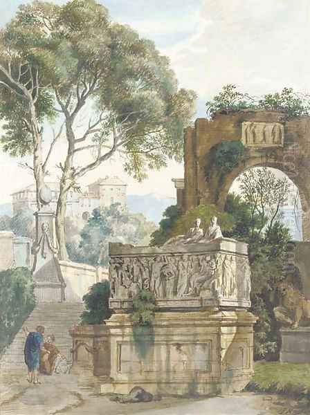 A classical landscape with two women by a Roman sarcophagus Oil Painting by Isaac de Moucheron