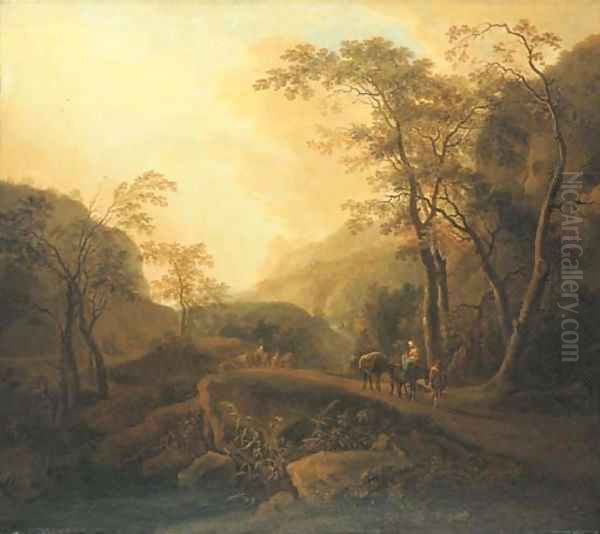 An Italianate landscape with travellers on a wooded mountain path Oil Painting by Isaac de Moucheron