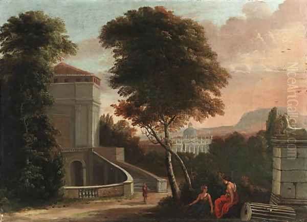 Classical figures in a wooded italianate landscape, with the Basilica of Saint Peter beyond Oil Painting by Isaac de Moucheron