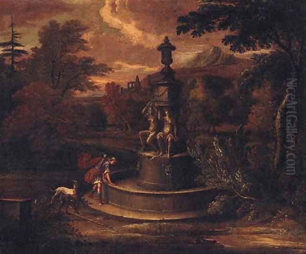 A landscape with Narcissus by a fountain Oil Painting by Isaac de Moucheron