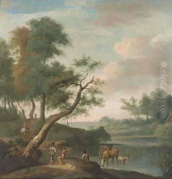 A landscape with travellers on a track and cattle and drovers at a ford Oil Painting by Isaac de Moucheron