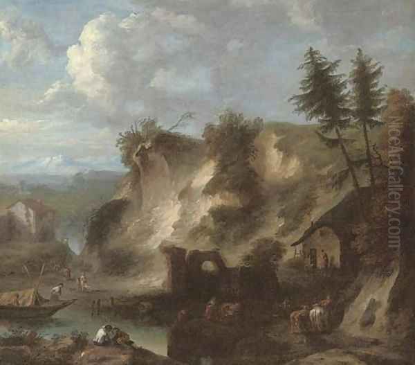 A mountainous river landscape with herdsmen and their cattle by a farm Oil Painting by Isaac de Moucheron