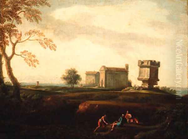 An Italianate landscape with peasants resting by a stream Oil Painting by Isaac de Moucheron