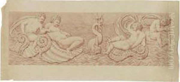 A Relief With Four Putti Riding Sea Shells, A Dolphin And Tridentat The Center Oil Painting by Jean Auguste Dominique Ingres