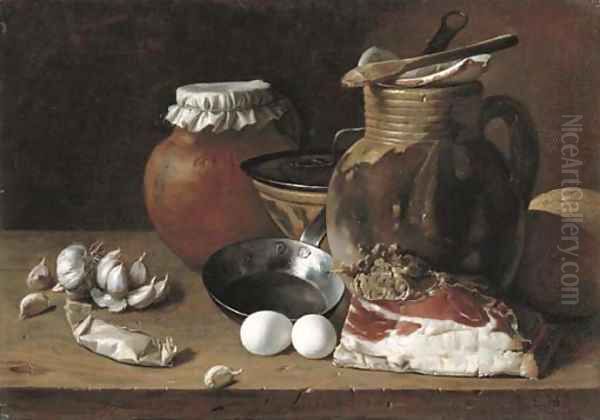 Ham, eggs, cloves of garlic, bread, terracotta pots and a frying pan on a wooden ledge Oil Painting by Luis Eugenio Melendez