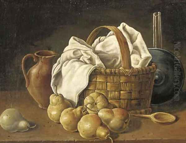 An earthenware jug, a basket with a white table-cloth Oil Painting by Luis Eugenio Melendez