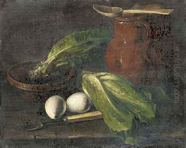 Eggs, lettuce, a jug, a bowl of lettuce and a fork on a table Oil Painting by Luis Eugenio Melendez