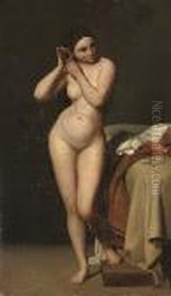 A Female Nude, Full-length, Removing A Pearl Earring From Her Ear, Standing By A Bed Oil Painting by Jean Auguste Dominique Ingres