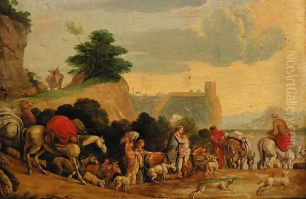 Travellers with goats, cattle and dogs on a track Oil Painting by Nicolaes Moyart