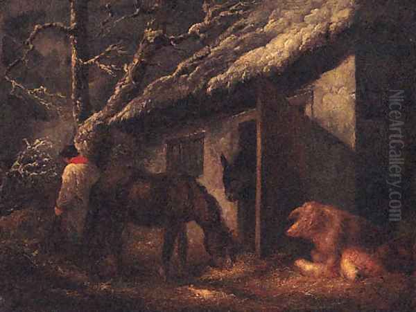 A Winter Stable Oil Painting by Of George Morland