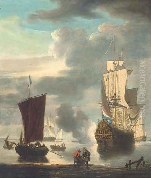 A Dutch man-o'war signalling its departure from the anchorage Oil Painting by Peter Monamy