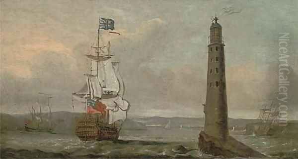 A British man-o'war running past the Eddystone lighthouse Oil Painting by Peter Monamy