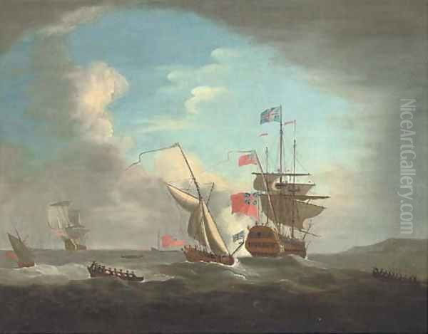 An Admiralty Yacht joining a Squadron of the Red sailing offshore by Peter Monamy