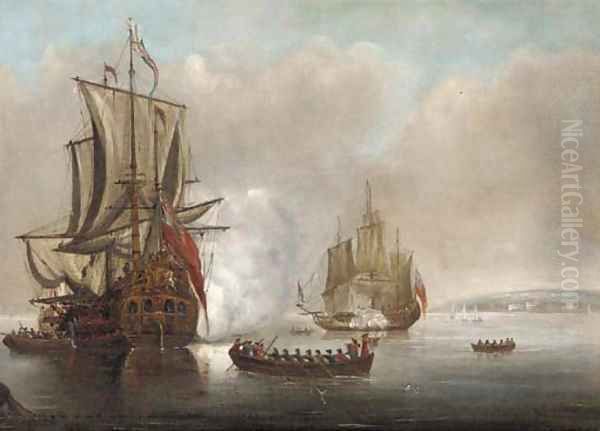 The flagship arriving with a frigate saluting off to starboard Oil Painting by Peter Monamy