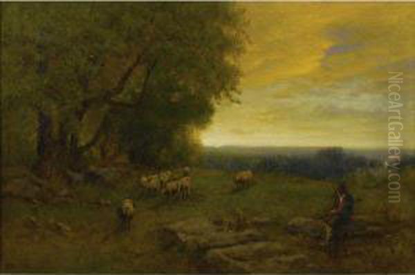 Shepherd And Flock At Sunset Oil Painting by George Inness