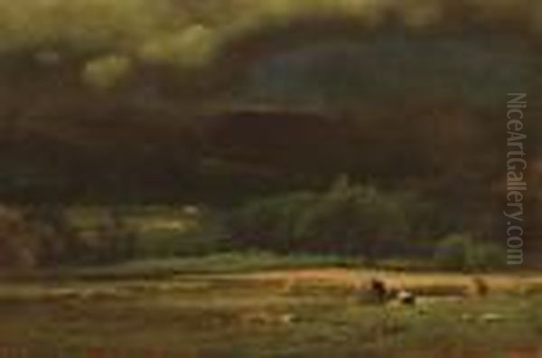 Harvesting Before The Oncoming Storm Oil Painting by George Inness