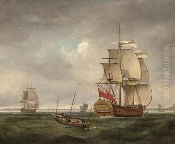 An English frigate coming into port and making ready to anchor Oil Painting by Peter Monamy