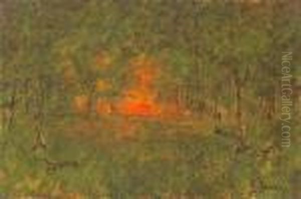 Forest Sunset With Figure Oil Painting by George Inness