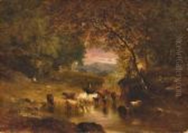 Landscape With Cattle And Drover By A Stream Oil Painting by George Inness