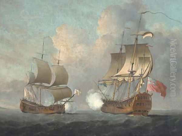 An English man-o'war opening fire on a Spanish armed ship flying Ostende colours Oil Painting by Peter Monamy