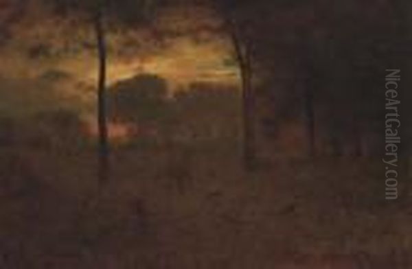 An Autumn Sunset Oil Painting by George Inness