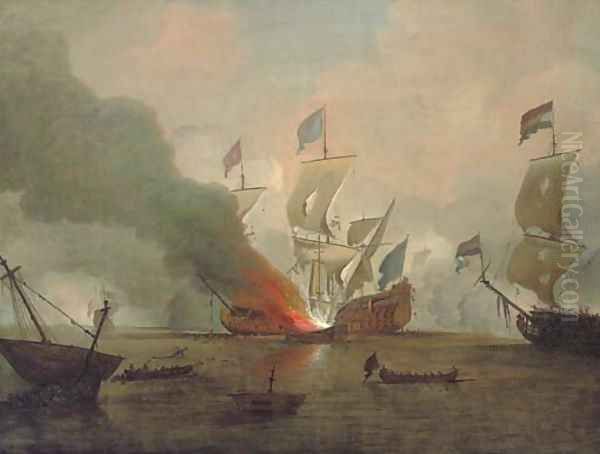 The destruction of the Royal James at the battle of Solebay, 3rd May 1672 Oil Painting by Peter Monamy