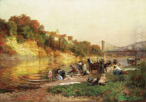 Washerwomen along the river Oil Painting by Francois-Richard De Montholon