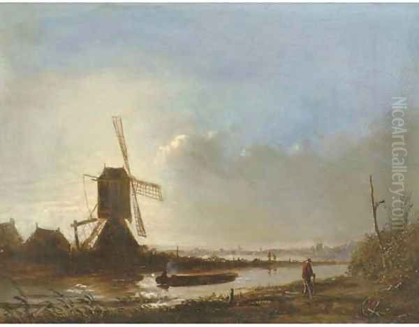 A windmill in a polder landscape at sunset Oil Painting by Jacobus Adrianus Maigret